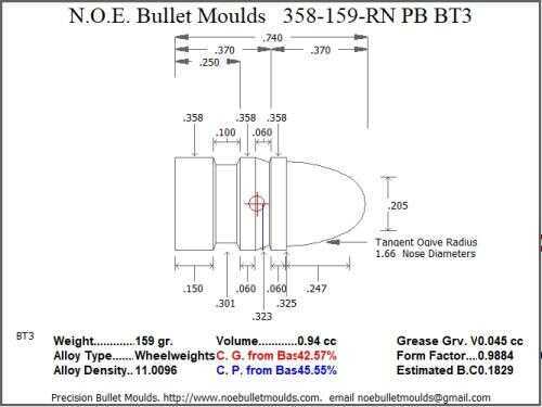 Bullet Mold 2 Cavity Aluminum .358 caliber Plain Base 159gr with Round Nose profile type. The classic 358311