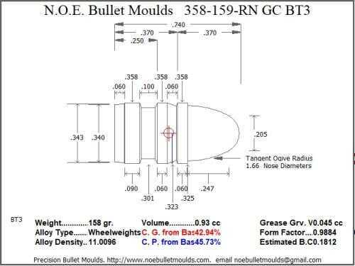 Bullet Mold 4 Cavity Aluminum .358 caliber Gas Check 159gr with Round Nose profile type. The classic 358311