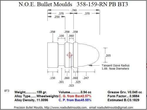 Bullet Mold 4 Cavity Aluminum .358 caliber Plain Base 159gr with Round Nose profile type. The classic 358311