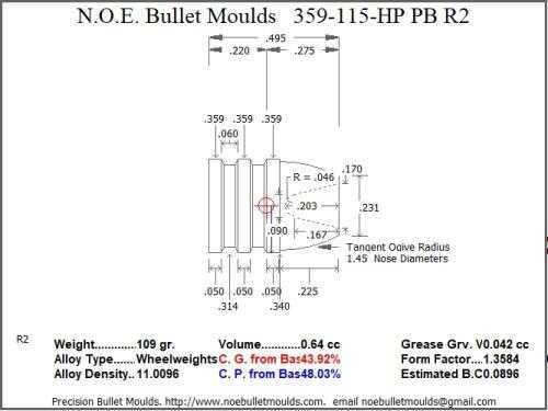 Bullet Mold 2 Cavity Aluminum .359 caliber Plain Base 115gr with Round/Flat nose profile type. The classic Thom