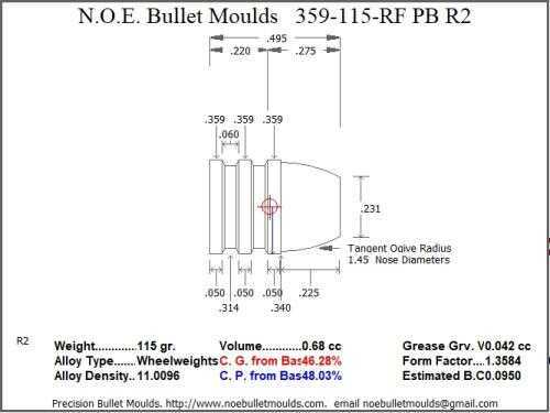 Bullet Mold 3 Cavity Aluminum .359 caliber Plain Base 115gr with Round/Flat nose profile type. The classic Thom