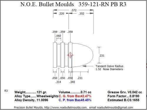 Bullet Mold 3 Cavity Aluminum .359 caliber Plain Base 121gr with Round Nose profile type. The classic 359242 st