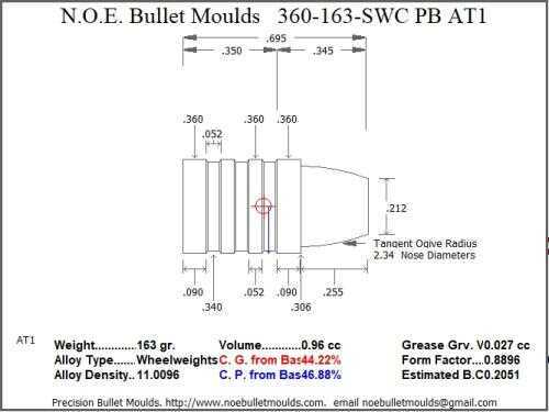 Bullet Mold 2 Cavity Brass .360 caliber Plain Base 163gr with a Semiwadcutter profile type. BRP Designed Semi-w