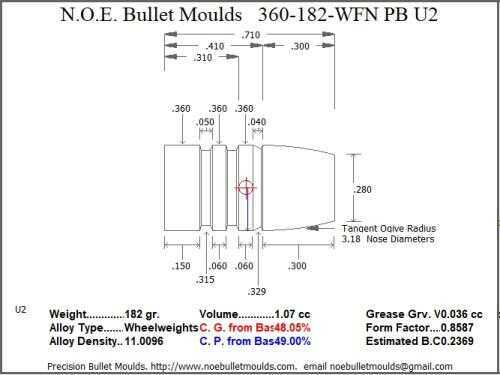 Bullet Mold 5 Cavity Aluminum .360 caliber Plain Base 182gr with Wide Flat nose profile type. The