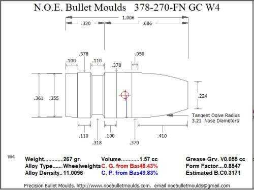Bullet Mold 5 Cavity Aluminum .378 caliber Gas Check 270gr with Flat nose profile type. This is designed