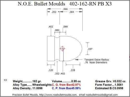 Bullet Mold 5 Cavity Aluminum .402 caliber Plain Base 162gr with Round Nose profile type. The perfect