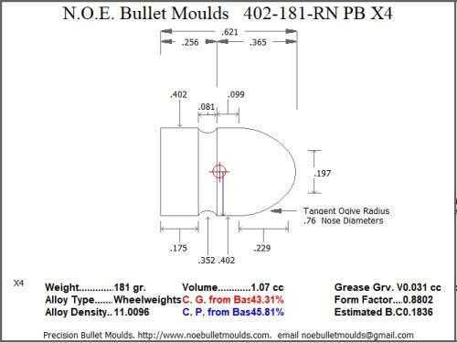 Bullet Mold 4 Cavity Aluminum .402 caliber Plain Base 181gr with Round Nose profile type. This mould casts he