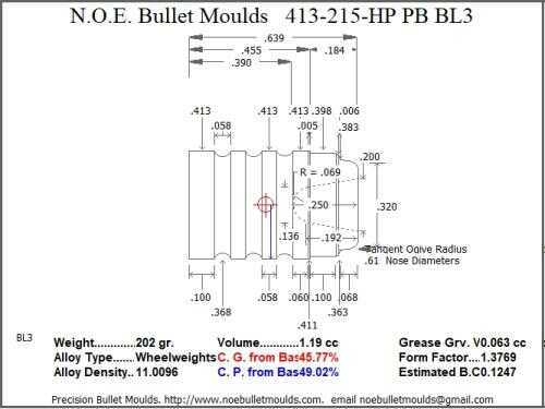 Bullet Mold 4 Cavity Brass .413 caliber Plain Base 215gr with a Wadcutter profile type. desinged for