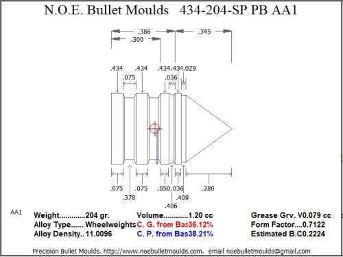 Bullet Mold 4 Cavity Brass .434 caliber Plain Base 204gr with a Spire point profile type. himmelwright design f