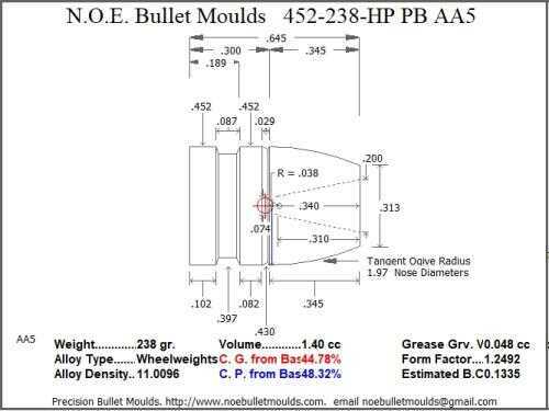 Bullet Mold 2 Cavity Aluminum .452 caliber Plain Base 238gr with hollowpoint profile type. This mould casts r