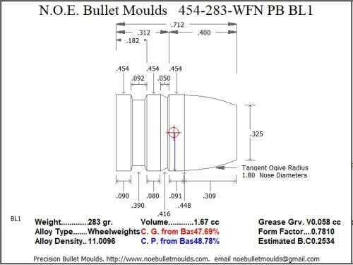 Bullet Mold 2 Cavity Brass .454 caliber Plain Base 283gr with a Wide Flat nose profile type. heavy weight