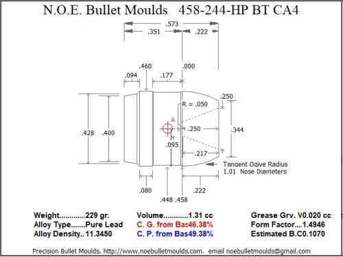 Bullet Mold 2 Cavity Brass .458 caliber Boat tail 244gr with a Flat nose profile type. This mould casts an airgun