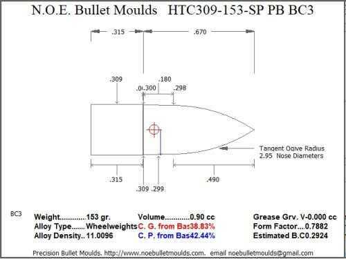Bullet Mold 2 Cavity Aluminum .309 caliber Plain Base 153gr with Spire point profile type. Designed for Powder