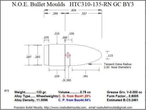 Bullet Mold 5 Cavity Aluminum .310 caliber Gas Check 135gr with Round Nose profile type. Designed for Powder co