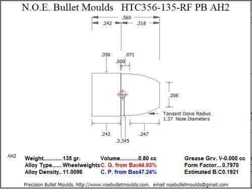 Bullet Mold 5 Cavity Aluminum .356 caliber Plain Base 135gr with Round/Flat nose profile type. Designed for Pow