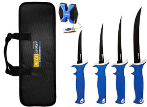 AccuSharp 6-Piece Fillet Knife Kit with Sharpener Fixed Blade Knives Blue Non-Slip Grip Plain Edge 4.75"-8" Stainless St