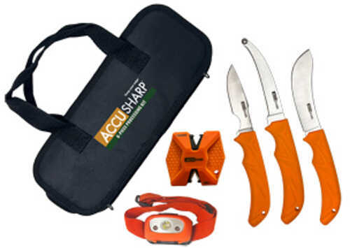 AccuSharp 6-Piece Game Processing Kit Fixed Blade Knives Orange Non-Slip Grip Plain Edge Stainless Steel Blades Includes