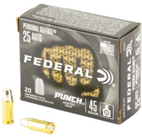 Federal Personal Defense Punch 25 Auto 45 Grain Jacketed Solid Point 20 Round Box PD25P1