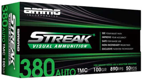 STREAK Ammunition Streak Target 380 ACP 100 Grain Total Metal Coating Non-Incendiary Green Tracer Bullet 50 Round Box 38
