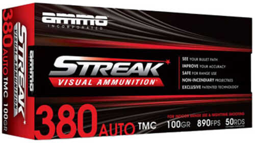 STREAK Ammunition Streak Target 380 ACP 100 Grain Total Metal Coating Non-Incendiary Red Tracer Bullet 50 Round Box 3801