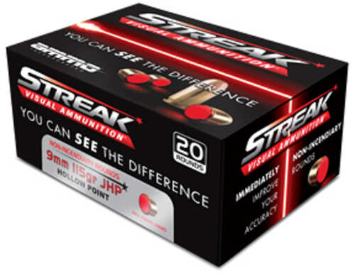 STREAK Ammunition Streak Defense 9MM 115 Grain Jacketed Hollow Point with Non-Incendiary Red Tracer Bullet 20 Round Box