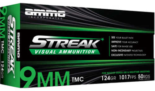 STREAK Ammunition Streak Target 9MM 124 Grain Total Metal Coating Non-Incendiary Green Tracer Bullet 50 Round Box 9124TM