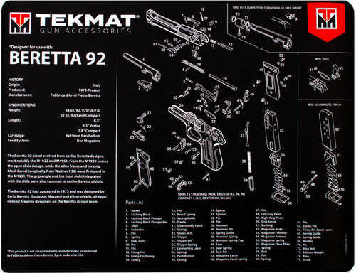 Beck TEK LLC (TEKMAT) R20Ber92 Beretta 92 Ultra Premium Cleaning Mat Parts Diagram 20" X 15" Black/White