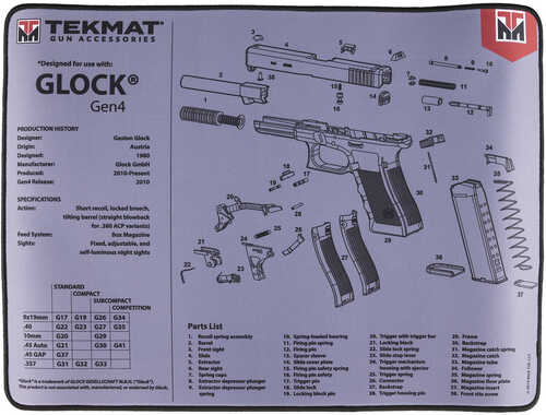 TekMat Gun Accessories for Glock Gen 4 Schematic 15"x20" Gun Cleaning Mat Gray