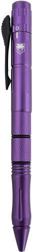 CobraTec Knives Pen Knife OTF Drop Point Plain Stainless Steel Blade Purple Aluminum Handle Features Black Ink Pen