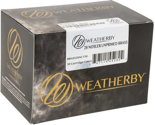 Weatherby Brass28NCT50 Unprimed Cases 28 Nosler Rifle Brass 50 Per Box