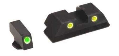 AmeriGlo GL115 Classic 3 Dot Night Sight Fits Glock 17/19 Tritium Green w/White Outline Front Yellow