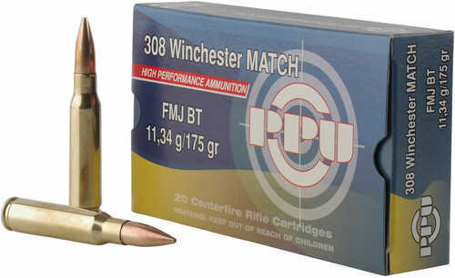 PPU PPM3083 Match 308 Win/7.62 NATO 175 GR Full Metal Jacket Boat Tail (FMJBT) 20 Bx/ 10 Cs