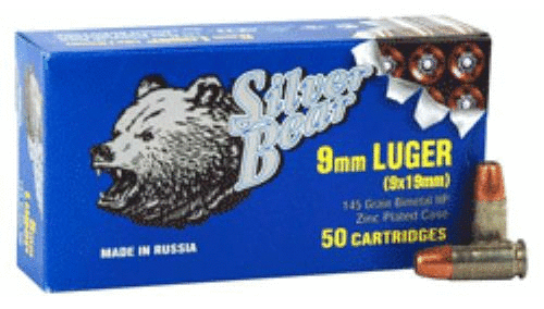 9mm Luger 145 Grain Hollow Point 50 Rounds Silver Bear Ammunition