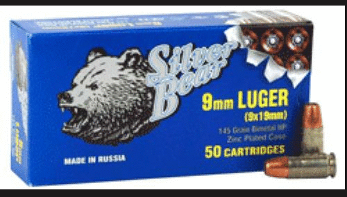 9mm Luger 145 Grain Hollow Point 50 Rounds Silver Bear Ammunition